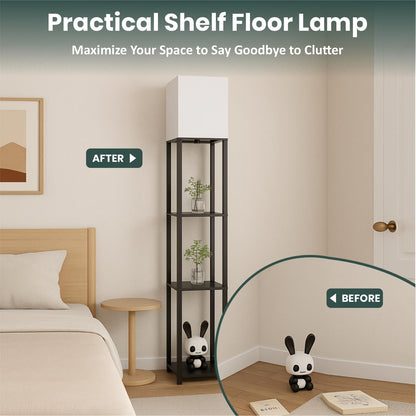 4-Tier Floor Lamp with Adjustable LED Lighting, Metal & Wooden Shelves, 173 cm Tall, Black