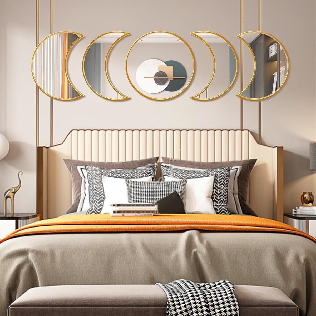 Wall Mirror Set - Modern Gold Framed Multi Shape Glass Mirrors - 5 Pieces - Wall Mounted Decor