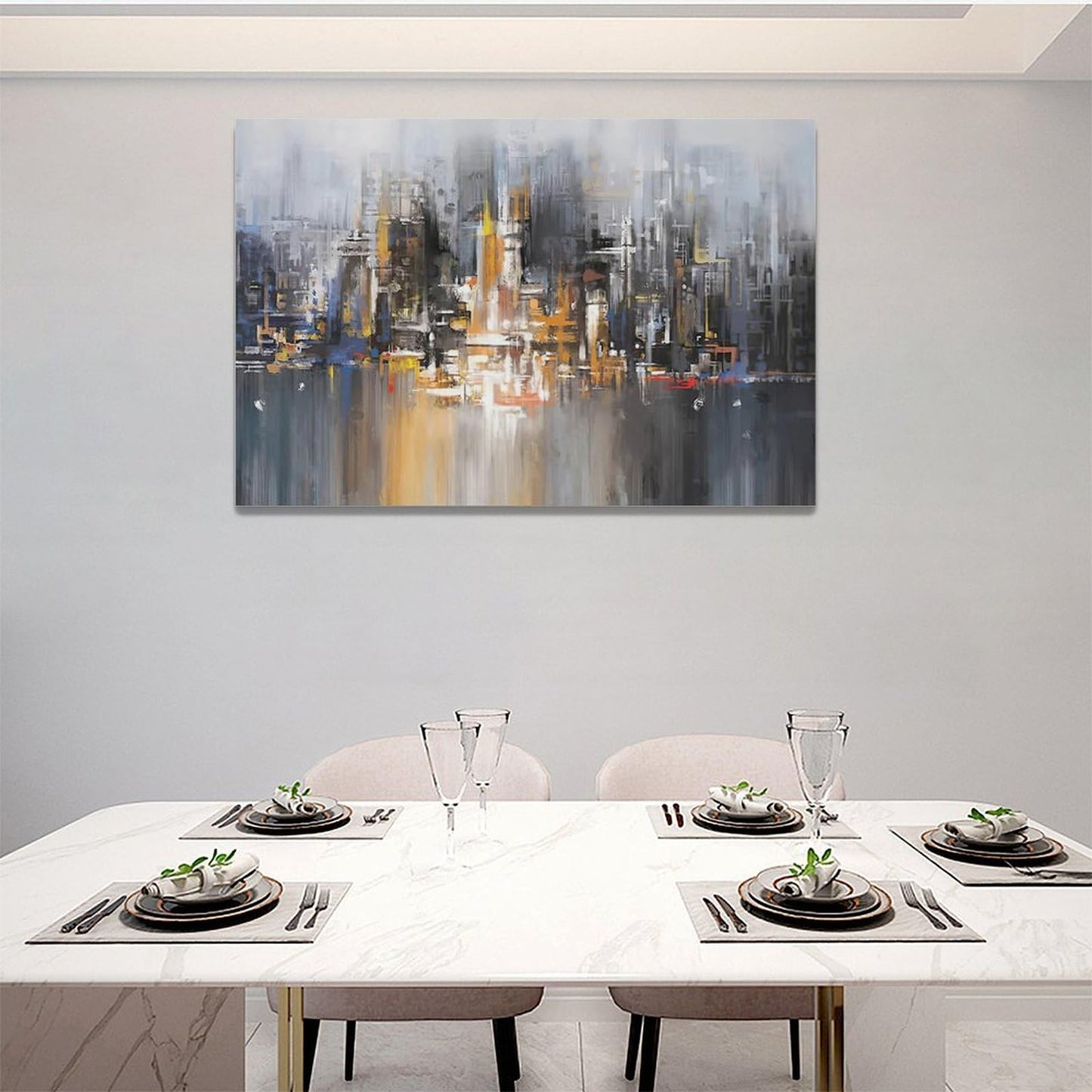 Abstract City Skyline Canvas Painting Grey and Yellow 24"x16" Modern Art for Home Office Decor