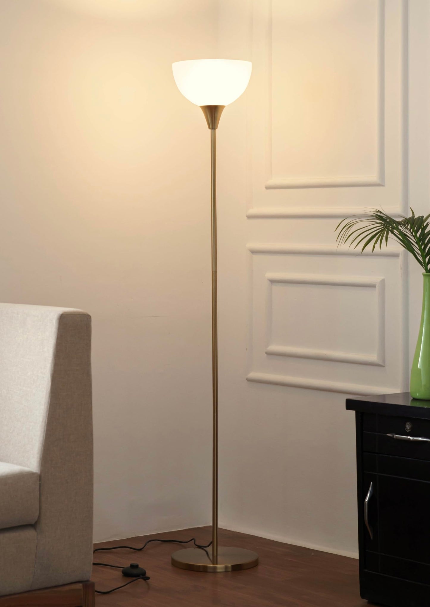 Uplighter Floor Lamp with Frosted Glass Shade and Hidden Wiring - Antique Brass Finish - Modern Design for Living Room