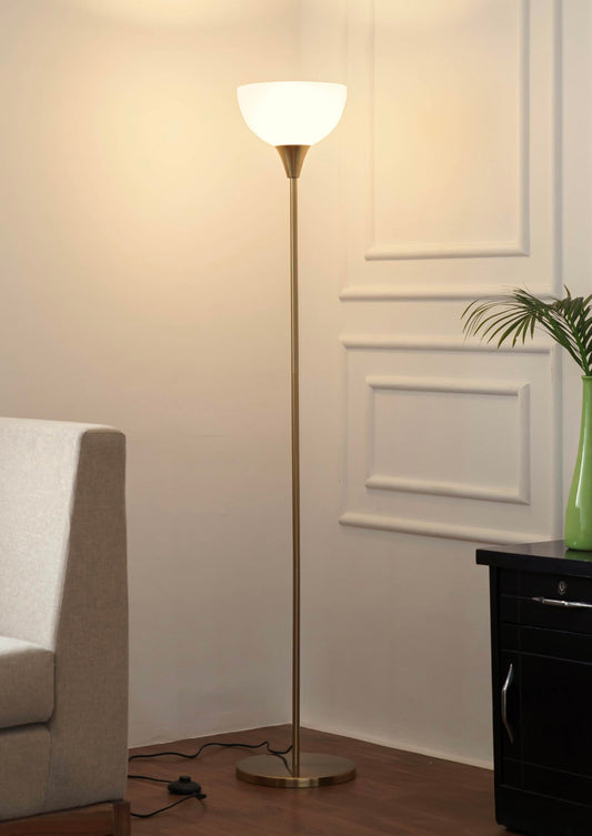 Uplighter Floor Lamp with Frosted Glass Shade and Hidden Wiring - Antique Brass Finish - Modern Design for Living Room
