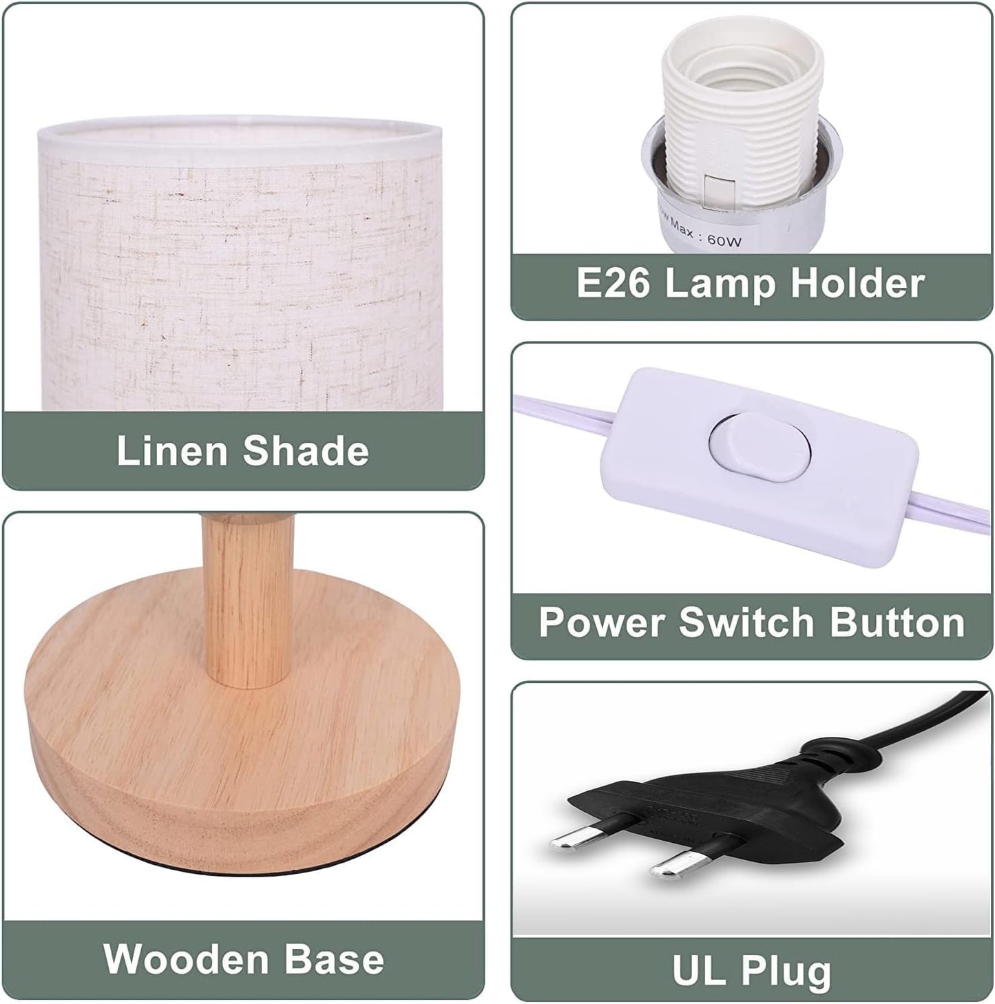 Table Lamp with Linen Shade and Wooden Base - 11.7 Inch - LED Desk Light for Bedroom, Living Room, Office