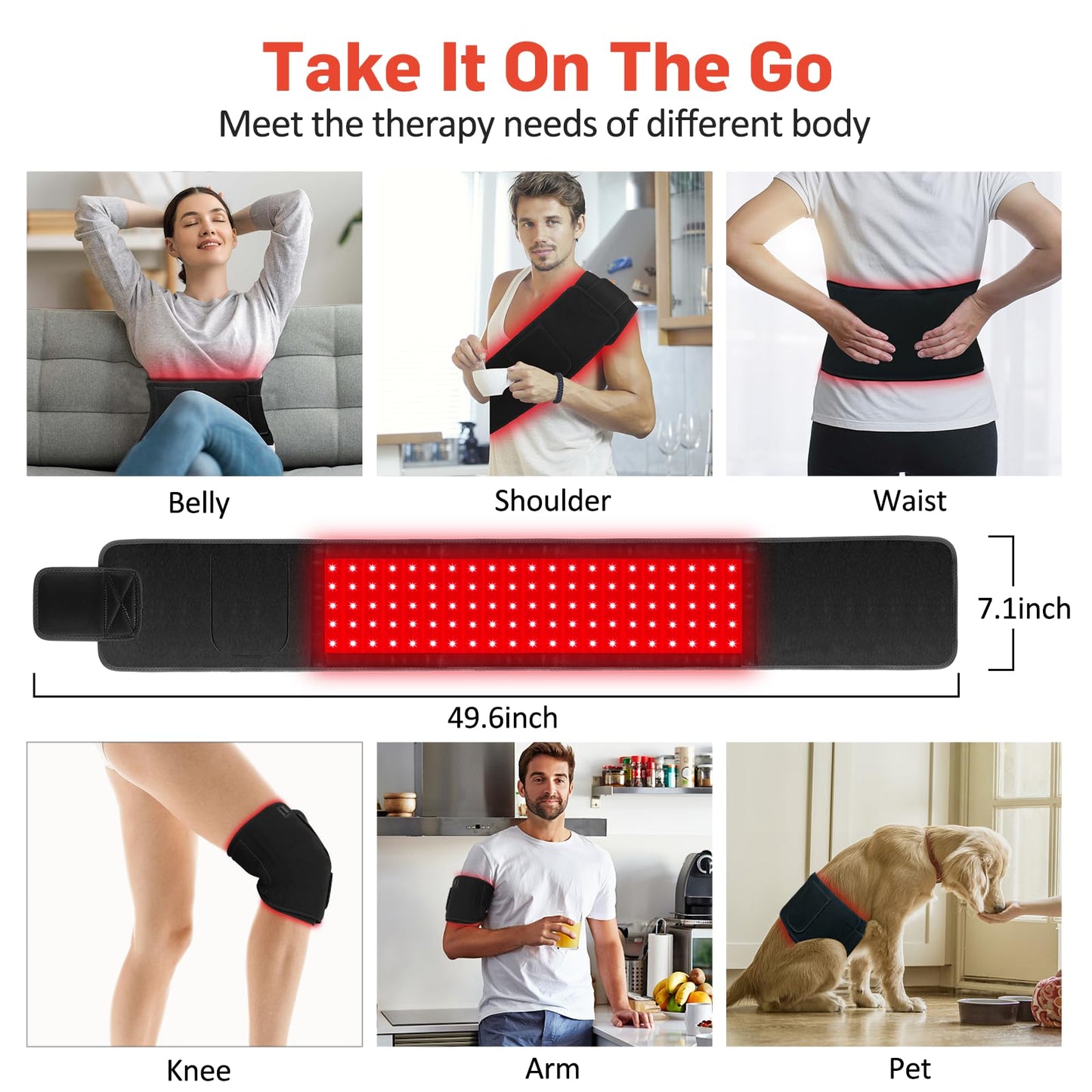 Red Light Therapy Belt Wrap with Timer & Remote Control, 660nm & 850nm, 105 LEDs, 7" x 50" Treatment Area