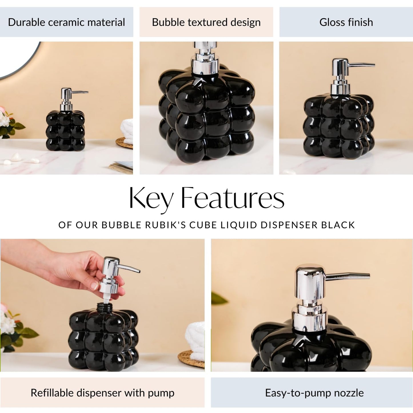 Ceramic Soap Dispenser Pump - Black - 520ml - Elegant Design - Refillable