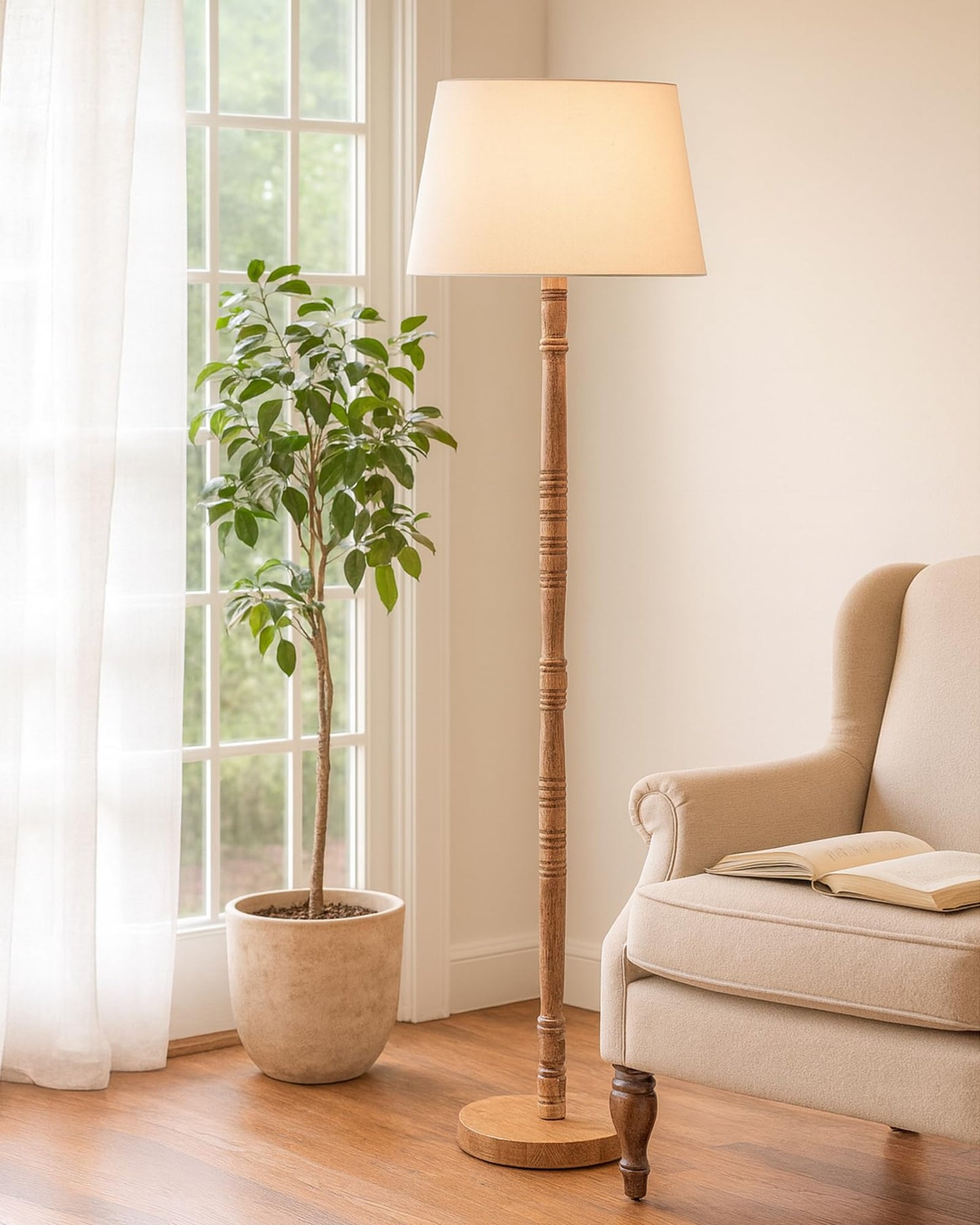 LED Floor Lamp Modern Mid Century Wooden Base White Fabric Shade 140x33x18cm