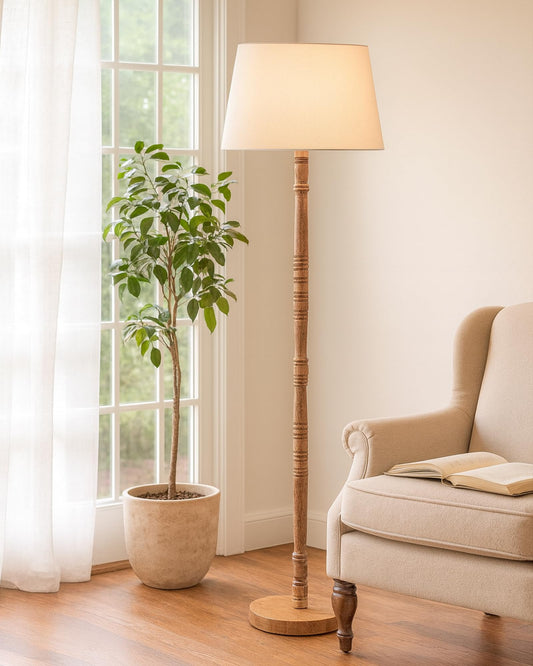 LED Floor Lamp Modern Mid Century Wooden Base White Fabric Shade 140x33x18cm