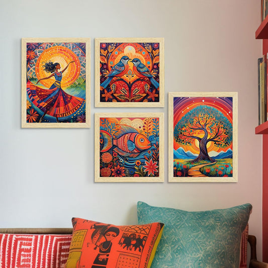 Wall Painting Set of 4 - Multicolor Abstract Art with Natural Wood Frames - 10x13 & 10x10 Inches