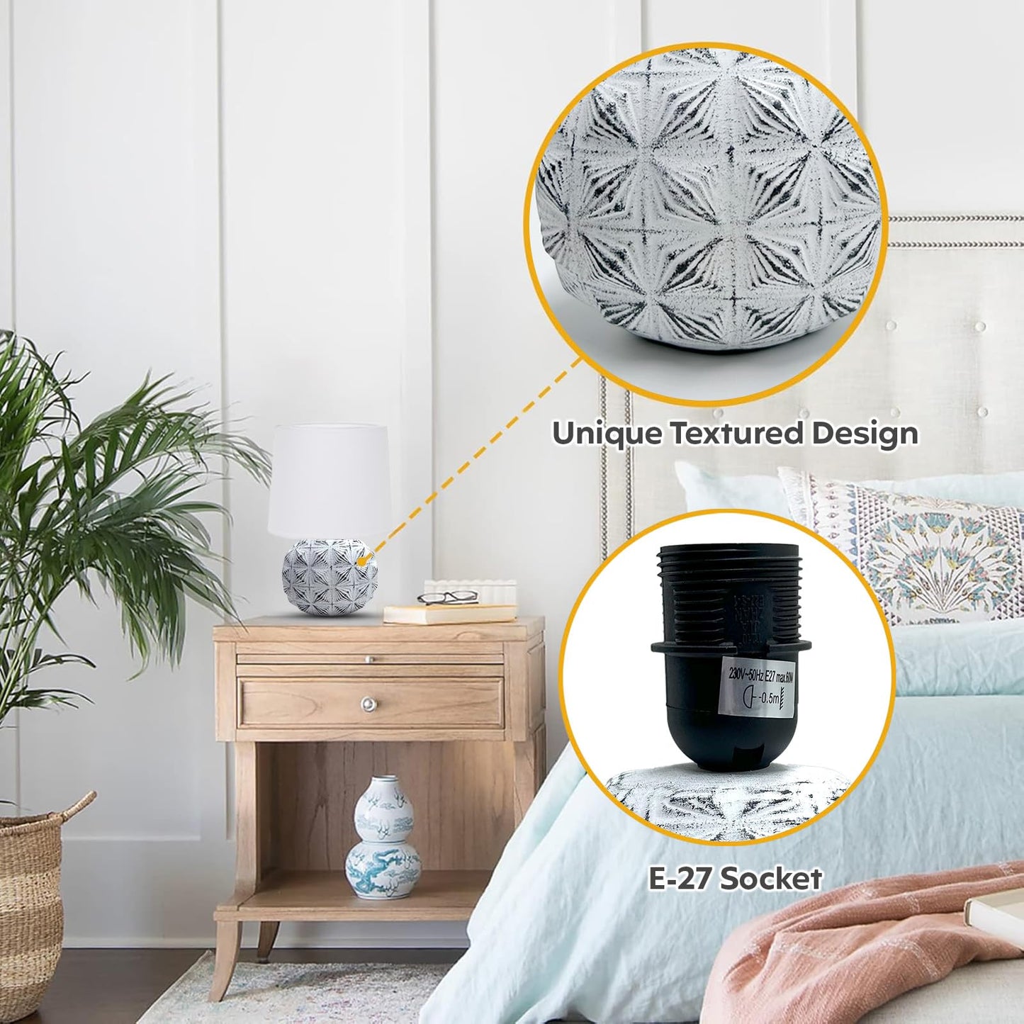 LED Table Lamp with Cotton Shade and Ceramic Base - White - Modern Design