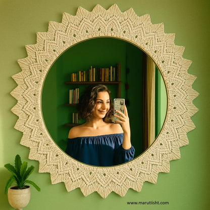Macrame Wall Mirror Handmade Off-White 17x17 Inches with 10 Inch Glass Mirror
