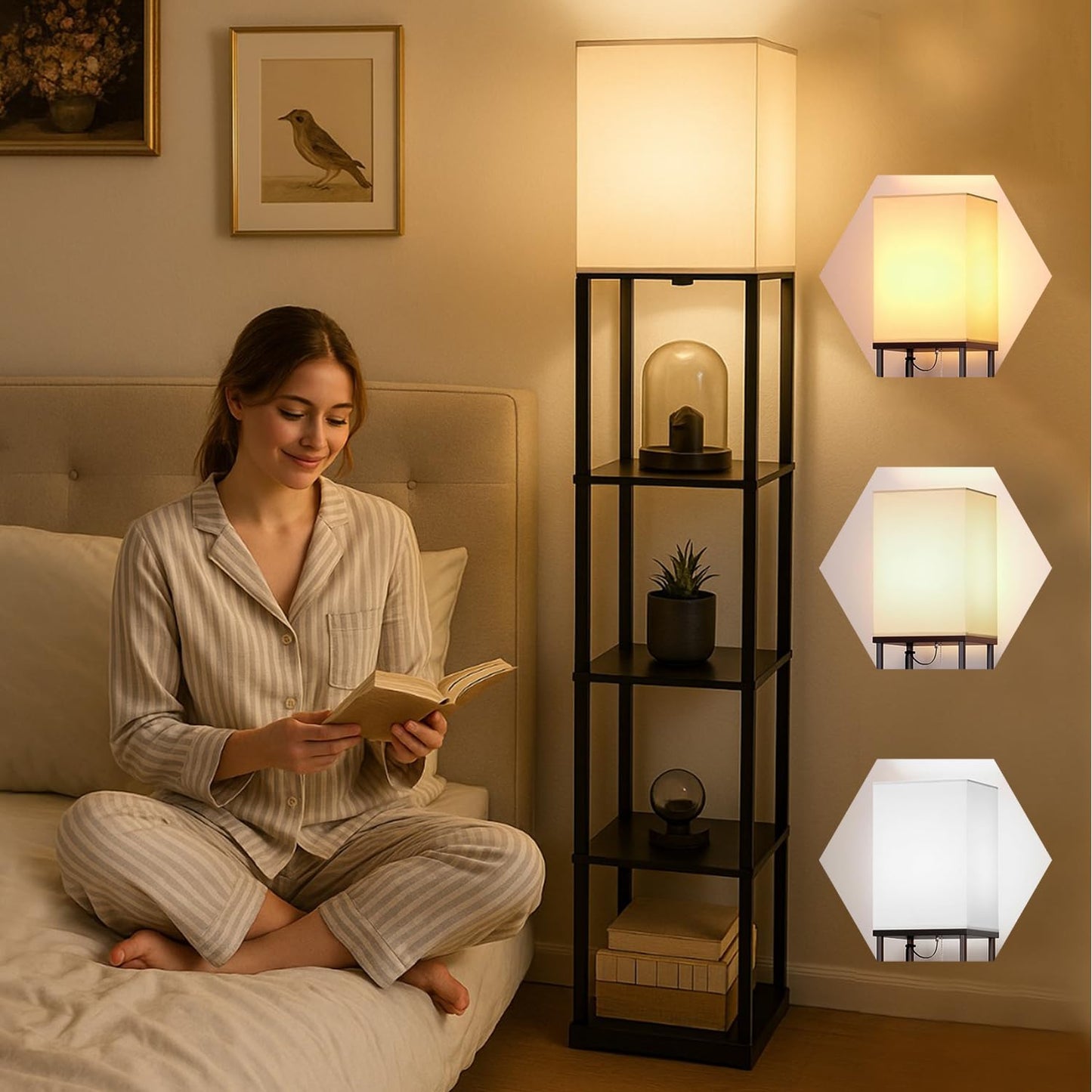 LED Floor Lamp with 3 Color Modes, Metal & Wooden Shelves, 209 cm Tall, Black