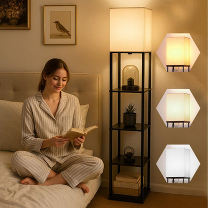 LED Floor Lamp with 3 Color Modes, Metal & Wooden Shelves, 209 cm Tall, Black