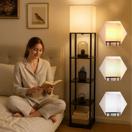 LED Floor Lamp with 3 Color Modes, Metal & Wooden Shelves, 209 cm Tall, Black