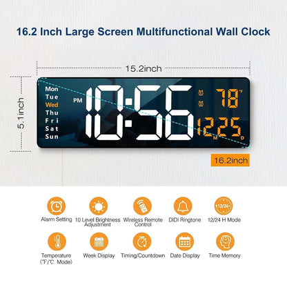 Digital Alarm Wall Clock with Remote Control, 16.2 Inch LED Display, Electric Powered
