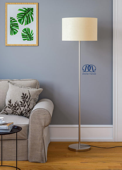 LED Floor Lamp Modern Design Stainless Steel Finish 5Ft Height Off White Lampshade 16 Inches