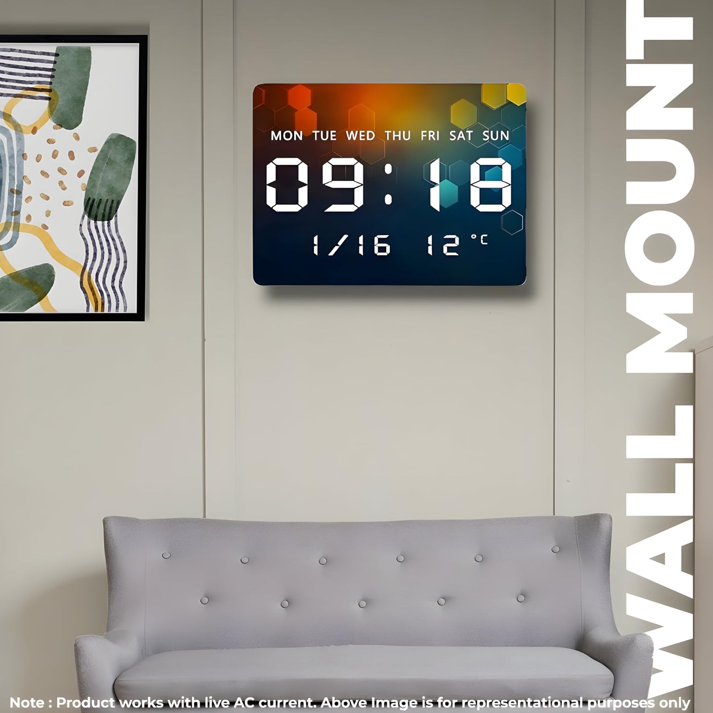 Digital Wall Clock with LED Display, Temperature, Date & Time - 27x20cm, USB Powered