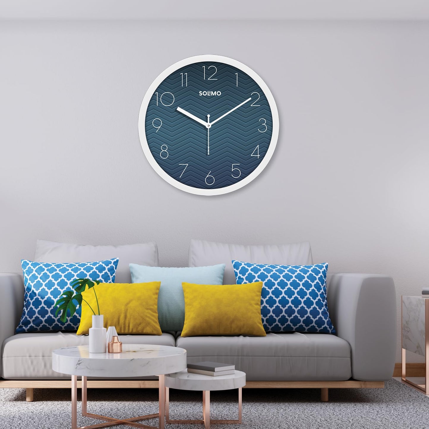 Analog Wall Clock with Silent Movement, 11 Inch, White and Blue, Plastic