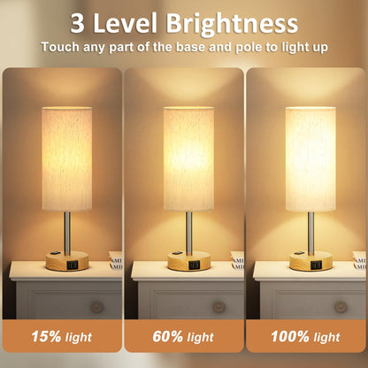 Table Lamp with Touch Control & USB Ports, Wood Base, Flaxen Fabric Shade, LED Bulb Included