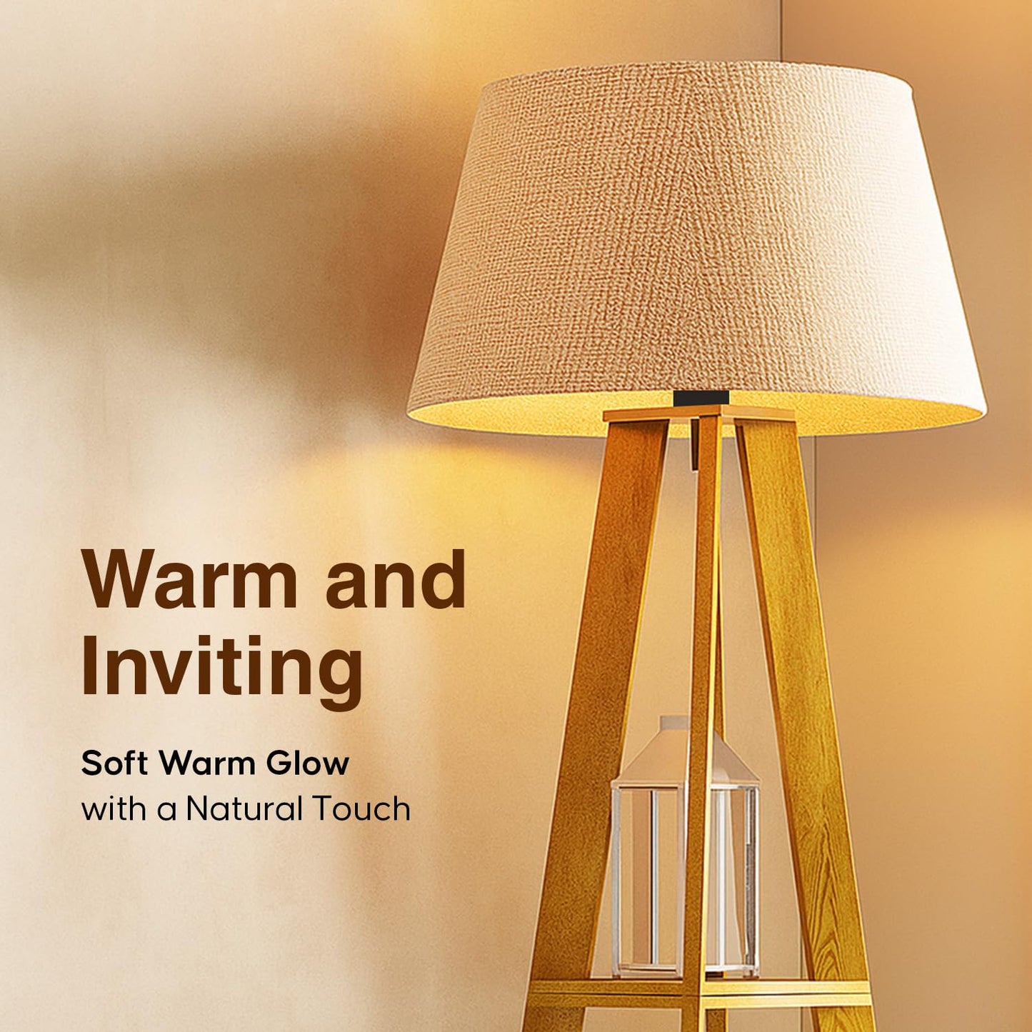 Wooden Floor Lamp with LED Bulb, Natural Linen Shade, 3 Shelves, 150 cm
