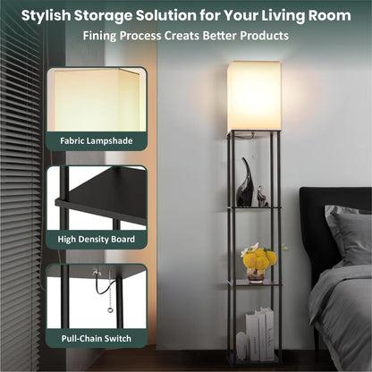 4-Tier Floor Lamp with Wooden Shelves and Adjustable LED Lighting - Black - 173 cm