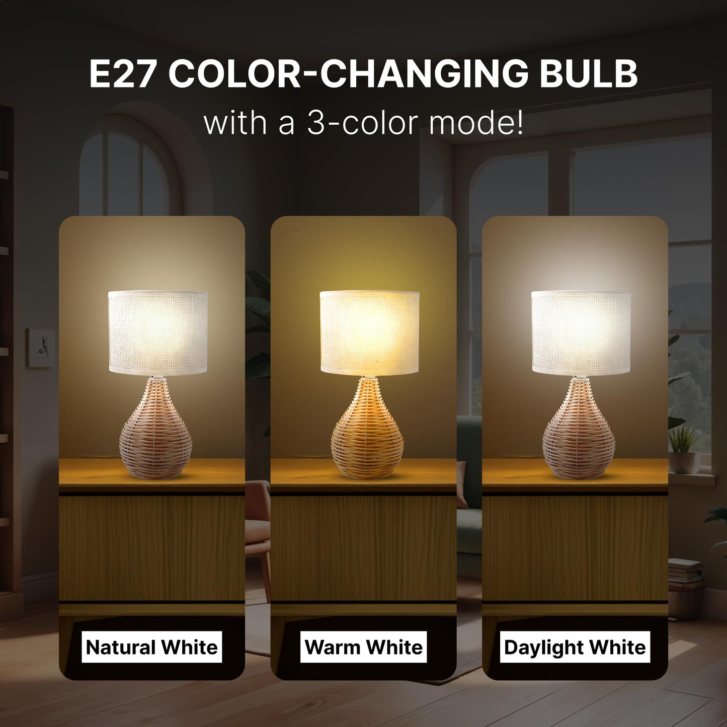 Table Lamp Eco-Friendly Rattan and Linen 31CM for Bedroom and Living Room