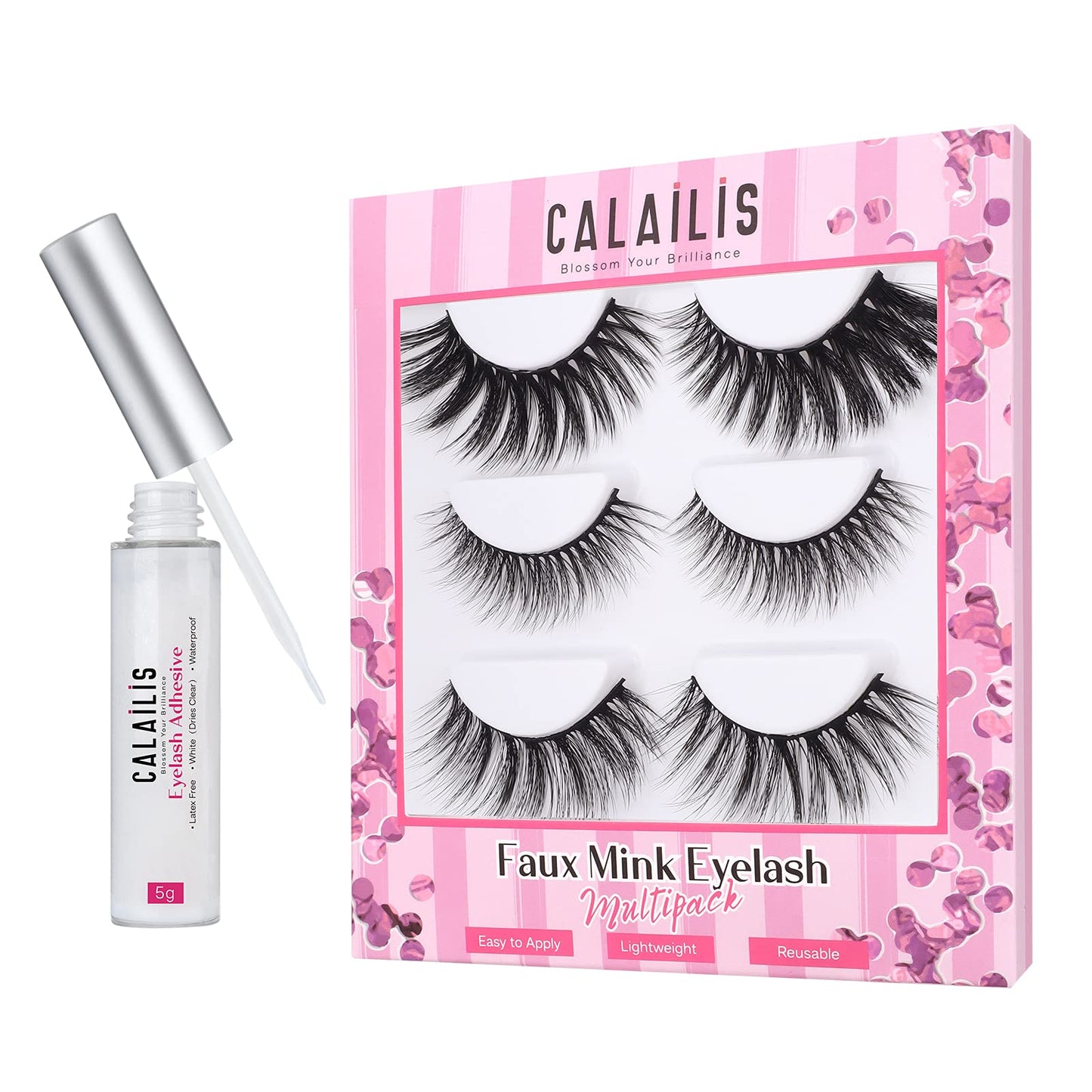 3D Faux Mink False Eyelashes with Glue, Natural Look, 3 Pairs