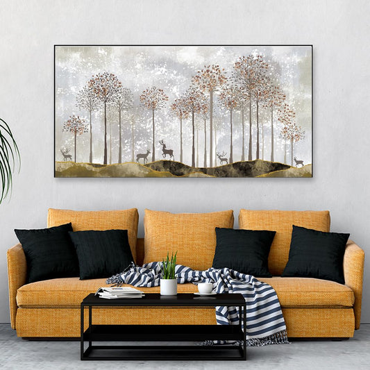 Canvas Painting with Golden Tree and Deer - Modern Wall Art - Framed - 48 Inch W x 24 Inch H