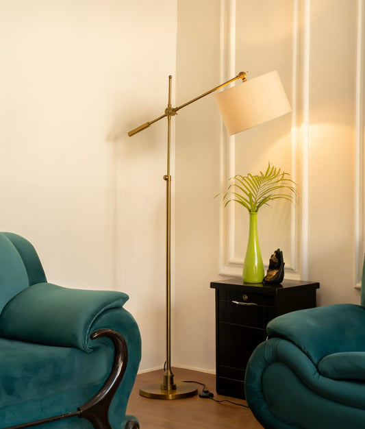 LED Floor Lamp with Adjustable Height and Rotatable Arm, Antique Brass Finish