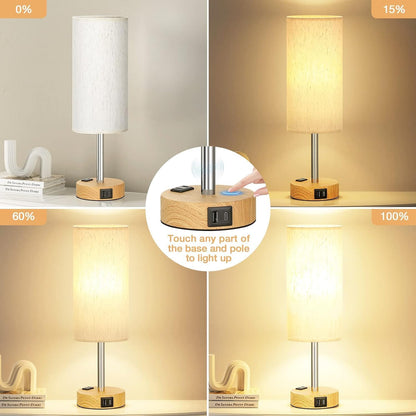 LED Table Lamp with Touch Control & USB Charging Ports - Flaxen Fabric Shade, Wood Base, 14.5 Inch