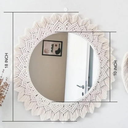 Round Macrame Wall Mirror with Off-White Cotton, 45 cm Diameter, Handmade for Bedroom and Living Room Decor