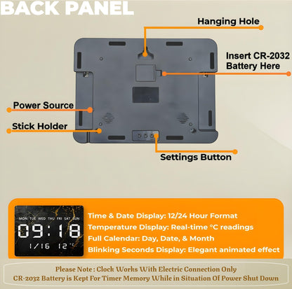 Digital Wall Clock with LED Display, 27x20cm, Black & Gold, USB Powered