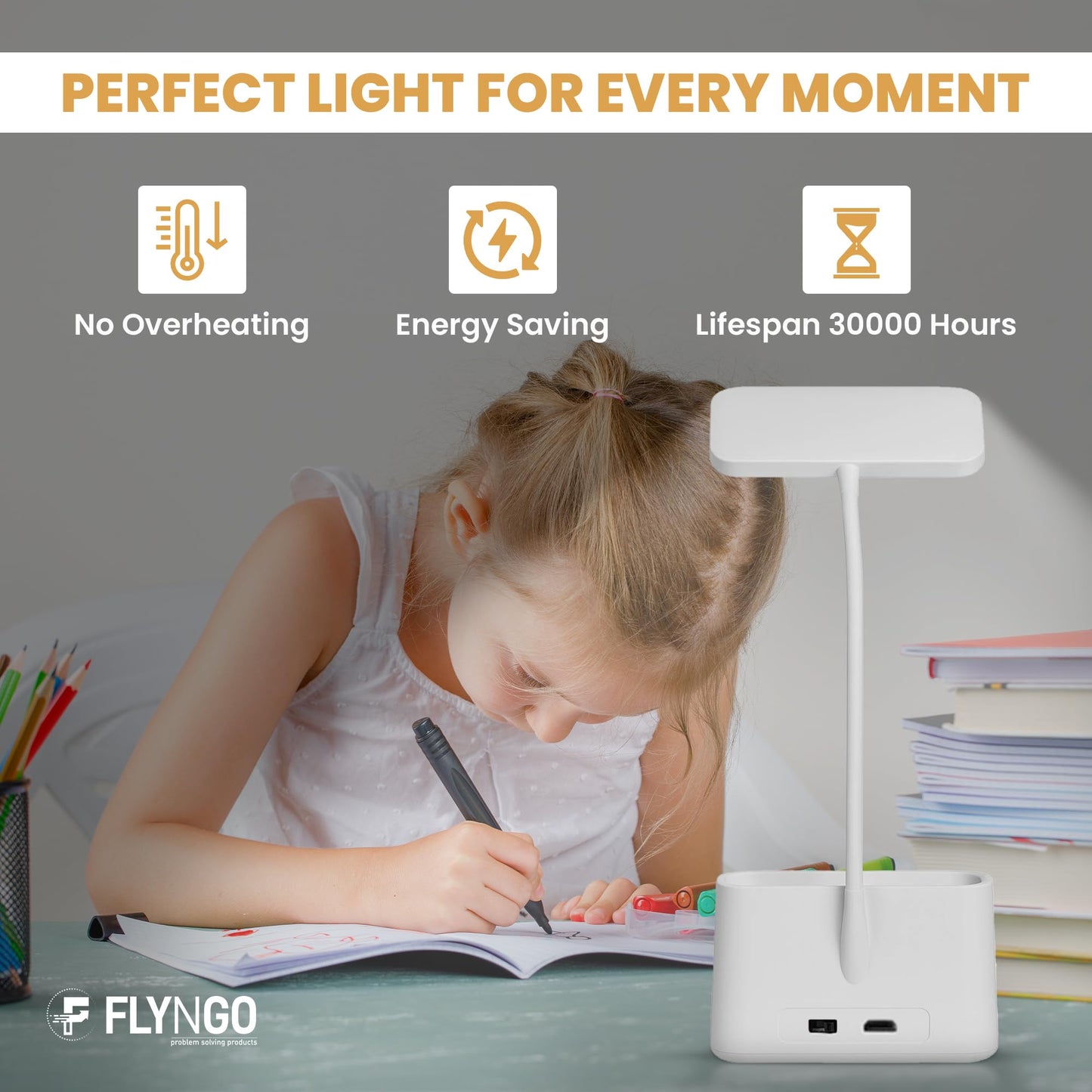 LED Study Table Lamp with 3 Color Modes, Plastic, White, Rechargeable, Adjustable Neck