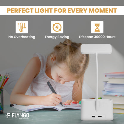 LED Study Table Lamp with 3 Color Modes, Plastic, White, Rechargeable, Adjustable Neck