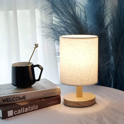 Table Lamp with Linen Shade and Wooden Base - 11.7 Inch - LED Desk Light for Bedroom, Living Room, Office