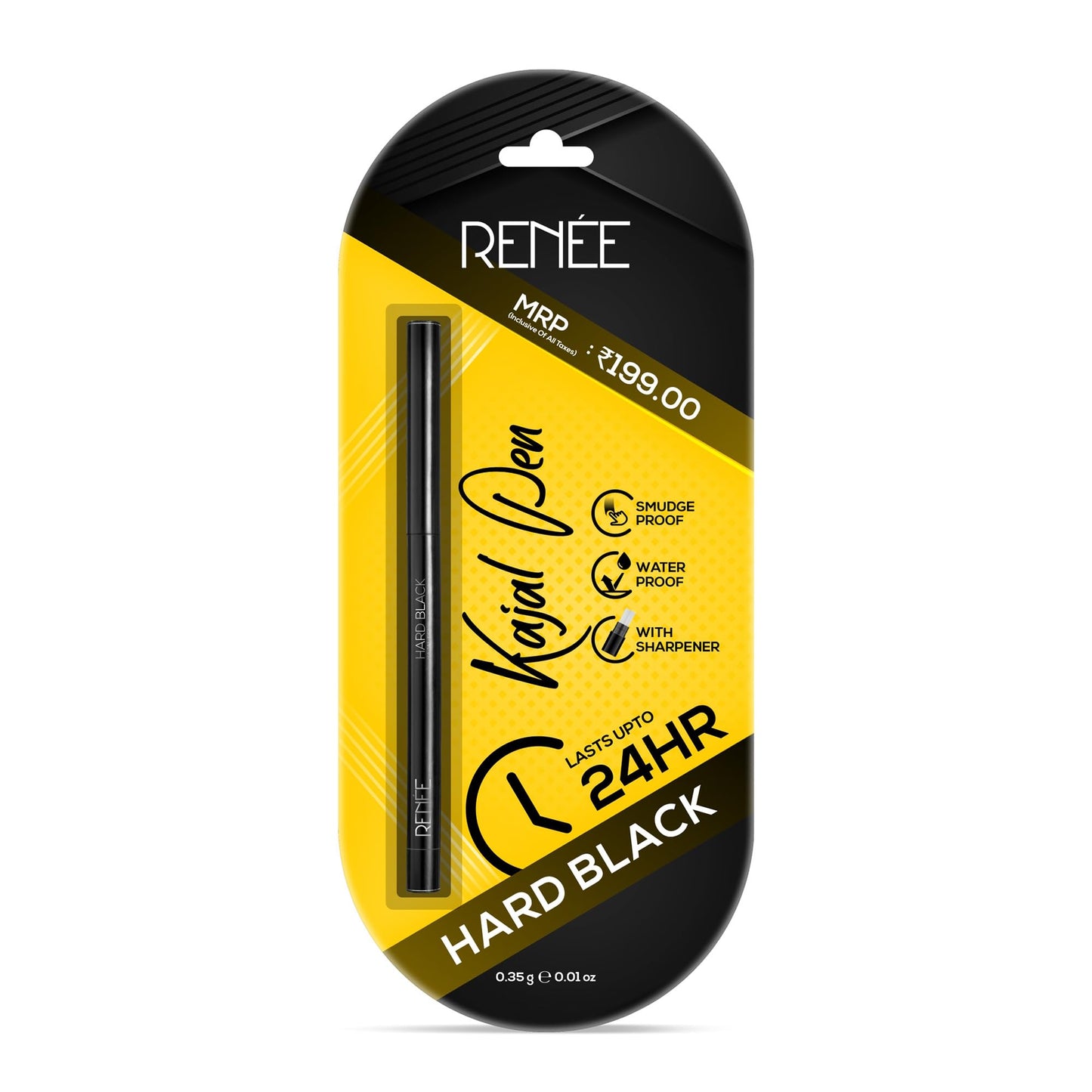Hard Black Kajal Pen with Sharpener, 24hr Stay, 0.35g