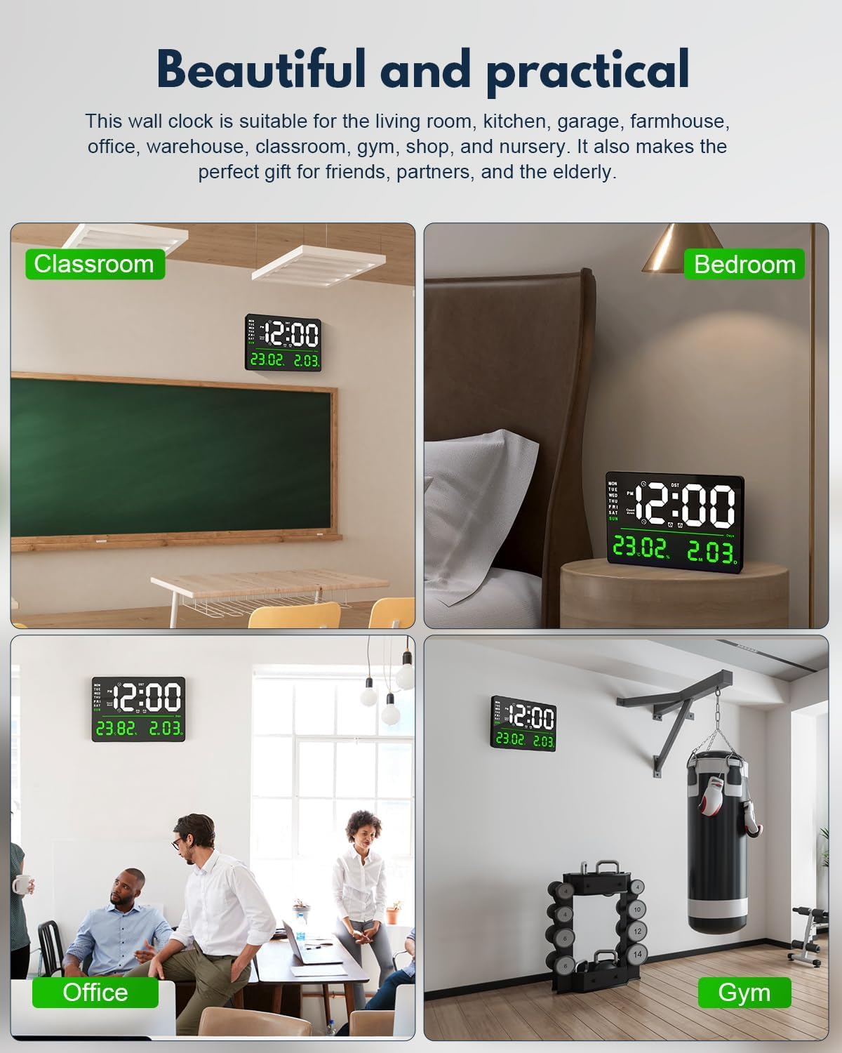 Digital Wall Clock with Remote Control, 33 x 22 x 3 cm, Automatic Brightness, Dual Alarm, Battery Backup