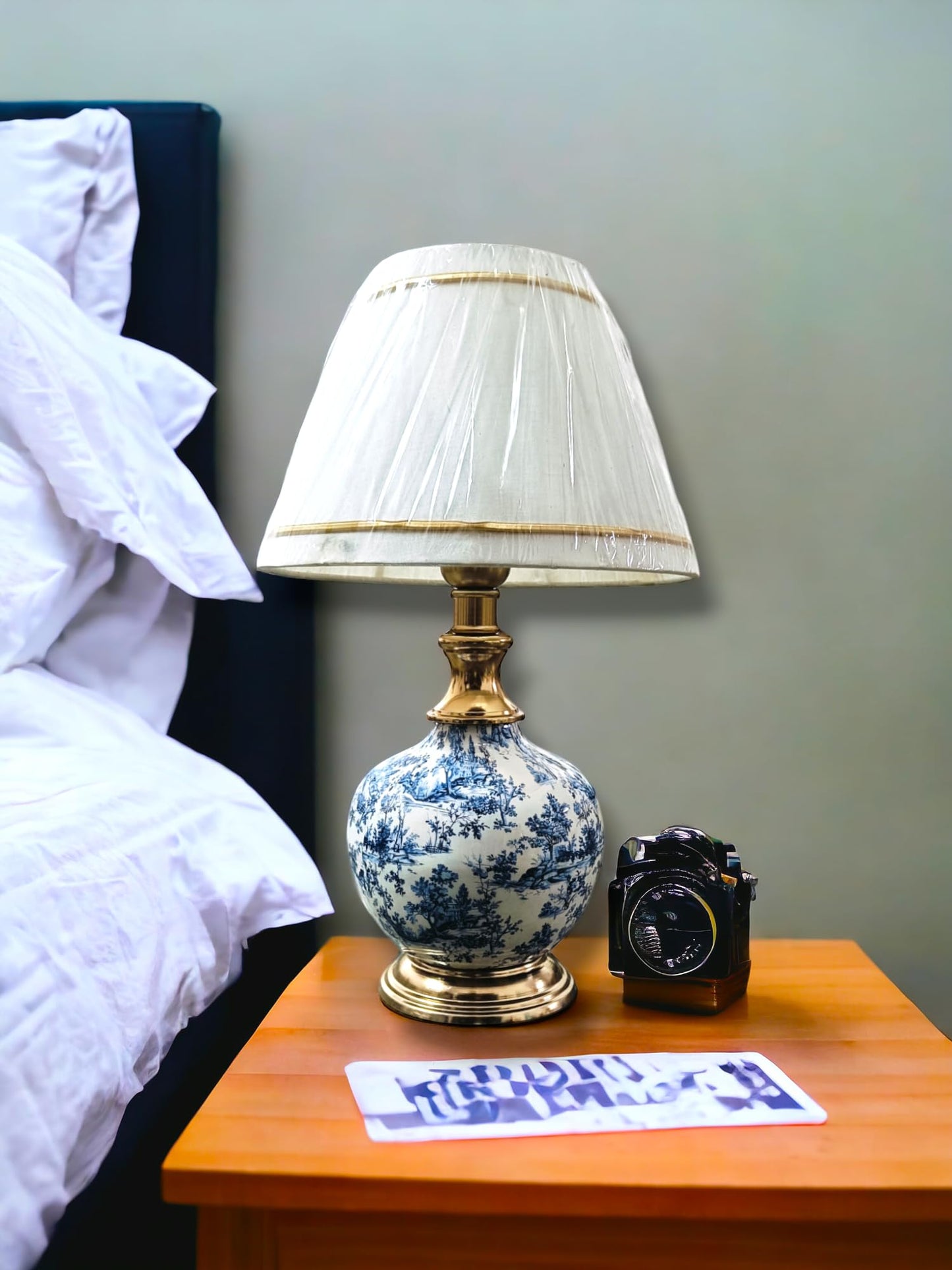 LED Table Lamp with Antique Gold Finish and Fabric Shade - 46 x 25 cm
