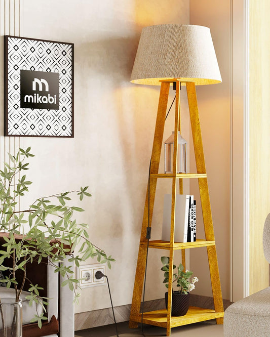 Wooden Floor Lamp with LED Bulb, Natural Linen Shade, 3 Shelves, 150 cm