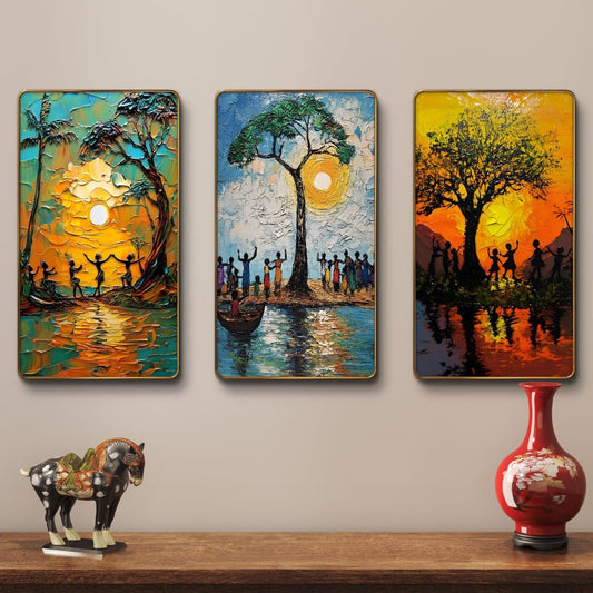 Madhubani Canvas Painting Set of 3 with Golden Frame 35 inch x 20 inch