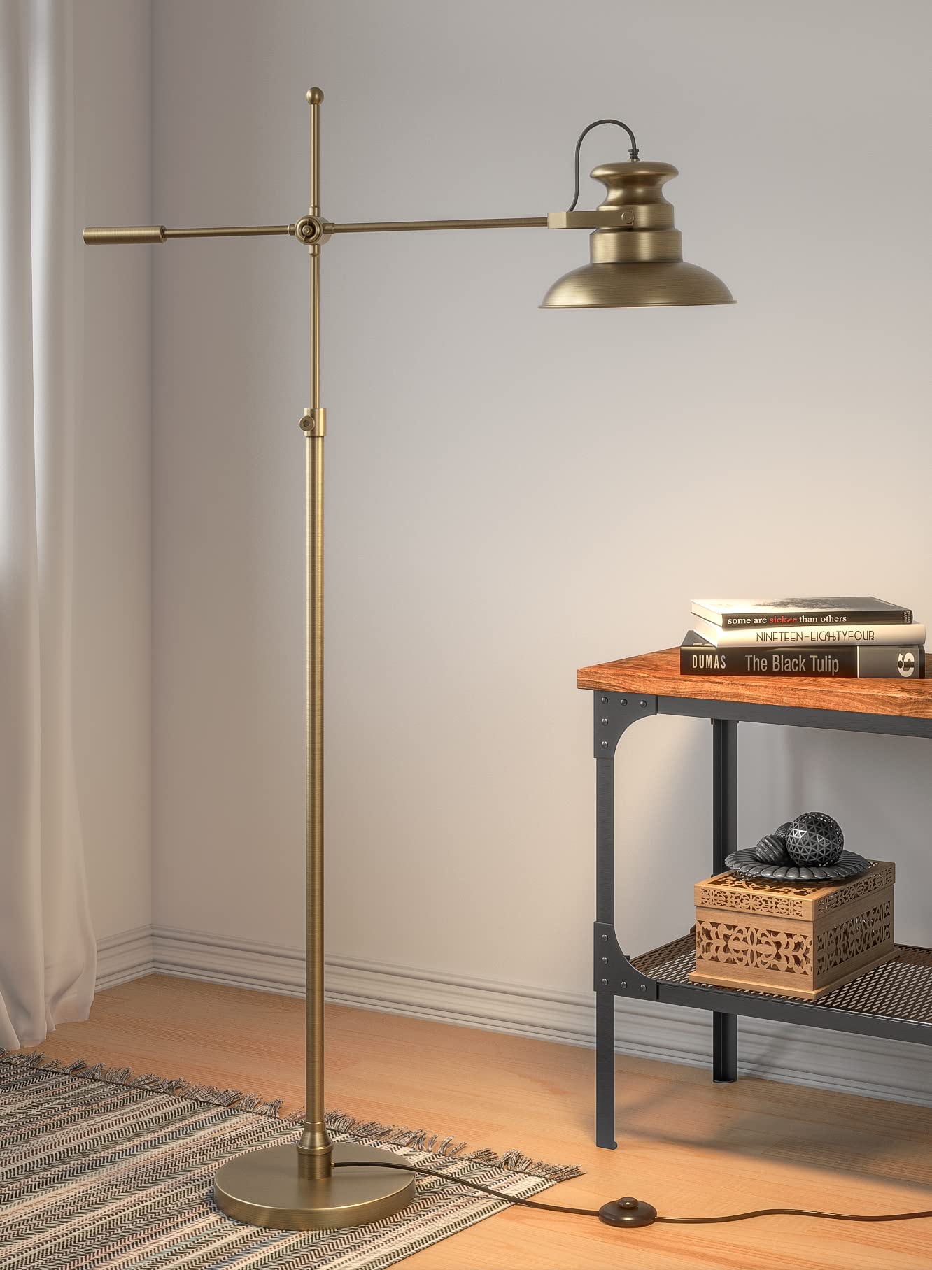 LED Floor Lamp with Adjustable Height and Rotatable Arm in Brass Antique Finish