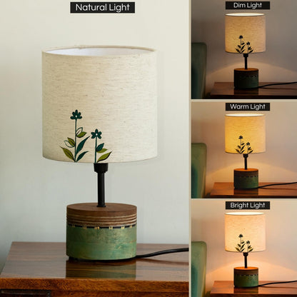 LED Table Lamp with Hand-Painted Floral Design, Mango Wood Base, Off-White Shade, 12 Inches