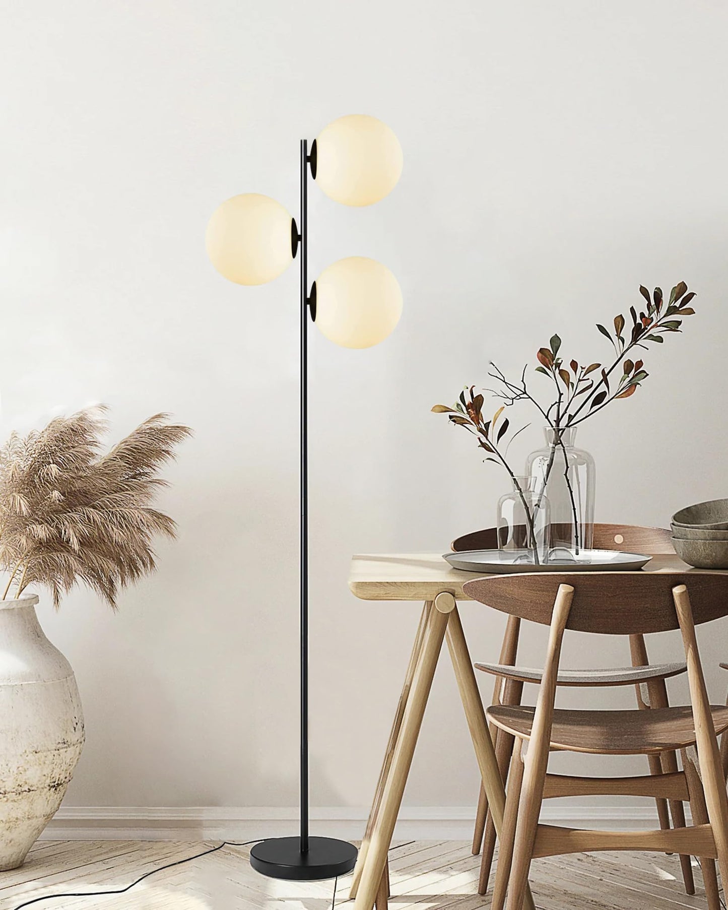 LED Floor Lamp with 3 Frosted Glass Globe Shades, Black Metal Finish, Modern Design