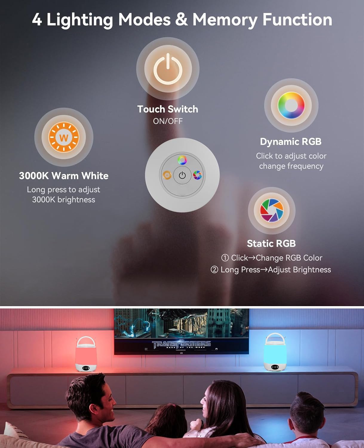 LED Touch Table Lamp with Clock, Dimmable Warm White & RGB, Modern Design, White Shade