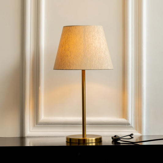 LED Table Lamp Modern Brass Antique Finish 19 Inch Height with 10 Inch Off White Tapered Shade