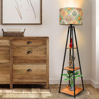 Modern Minimalist Floor Lamp with 3 Shelves - Black Metal, Beige Linen Shade, 9W LED Bulb Included