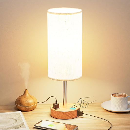 Dimmable Touch Control Table Lamp with USB Ports - Flaxen Fabric Shade, Wood Base, LED Bulb Included