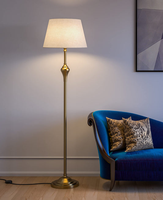 Floor Lamp Antique Gold Finish Metal 5ft Height Off White Beige Lampshade 16 inches