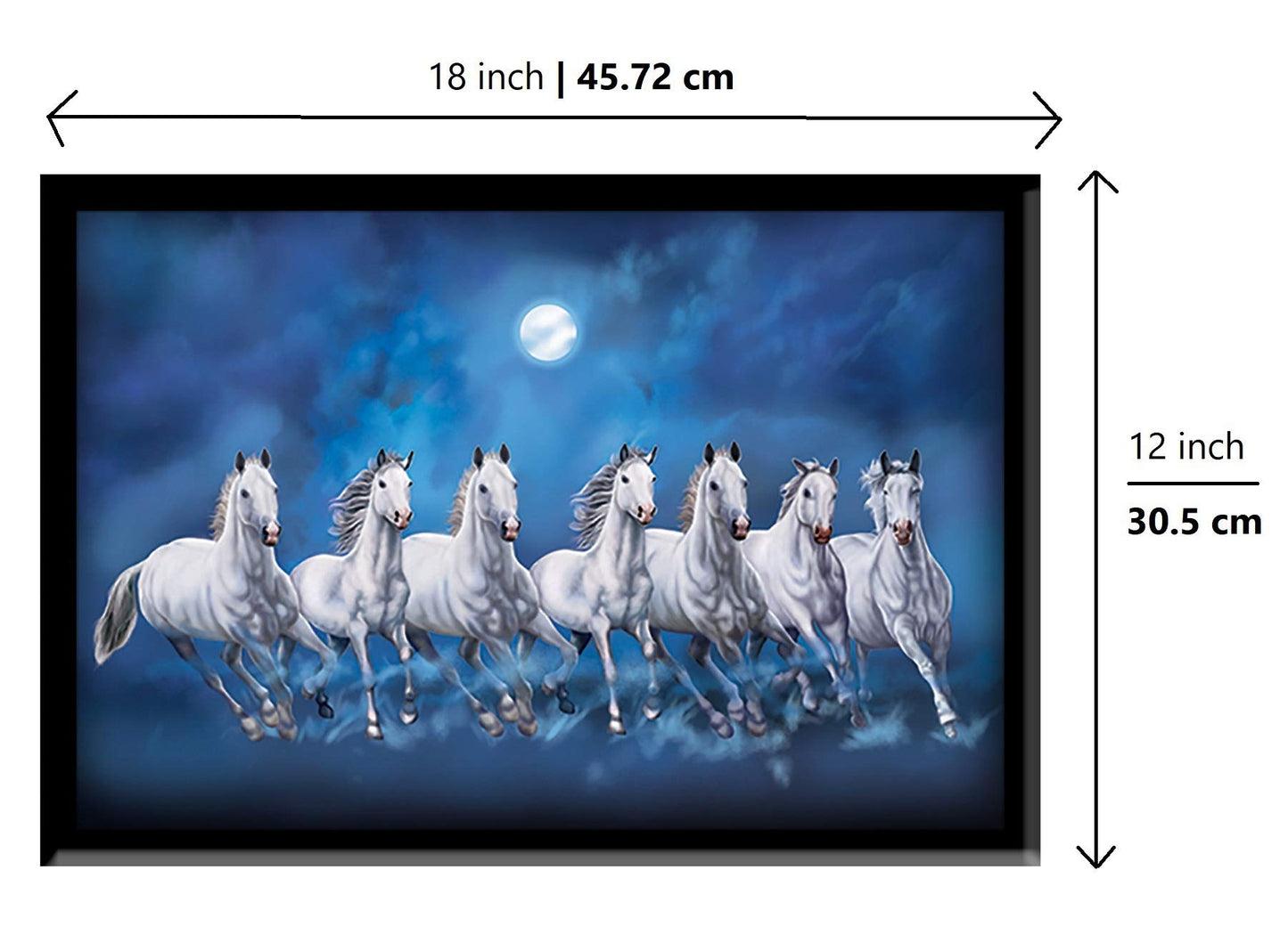 Wall Painting - Framed Seven Lucky Running Vastu Horses Art - MDF Board - Ocean Blue - 12 Inch x 18 Inch