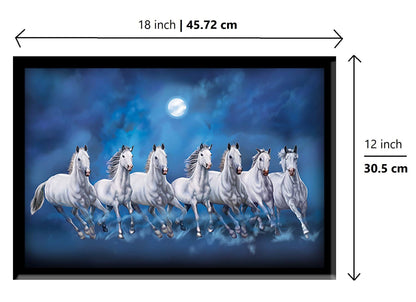Wall Painting - Framed Seven Lucky Running Vastu Horses Art - MDF Board - Ocean Blue - 12 Inch x 18 Inch