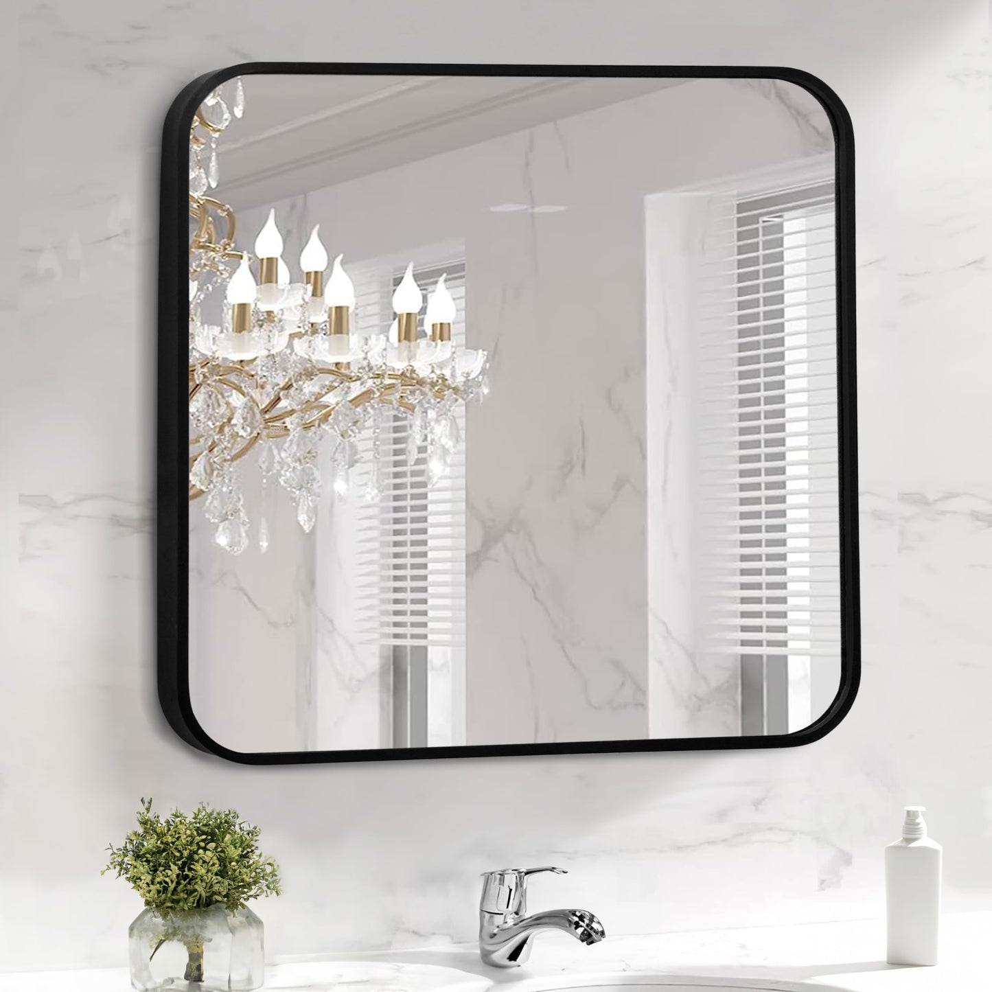 Square Wall Mirror with Classic Matt Black Aluminum Frame - 60x60cm Shatterproof HD Glass