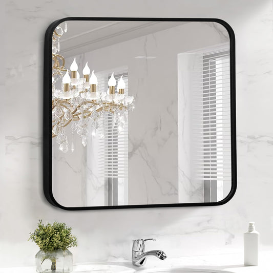 Square Wall Mirror with Classic Matt Black Aluminum Frame - 60x60cm Shatterproof HD Glass